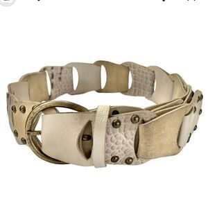 Leatherock Tan White Neutral Wide Leather Tab Link Studded Belt M/L